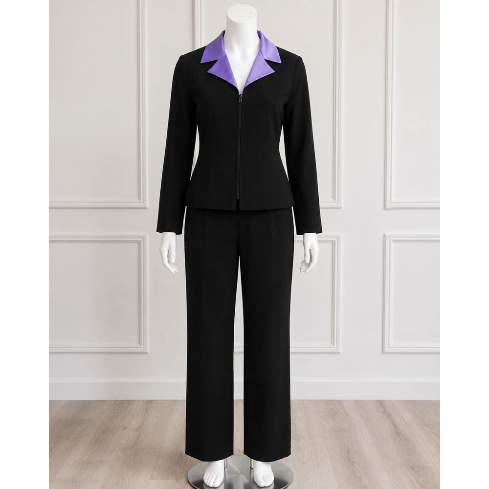 Vintage Positive Attitude Petite Black Purple Pant Suit Womens Size 12